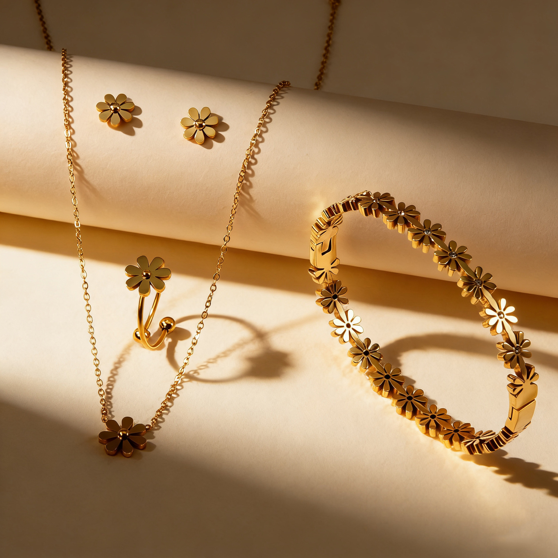 Cross-border hot sale stainless steel flower jewelry set with light luxury high-end feel with small earrings, nails, necklaces and bracelets