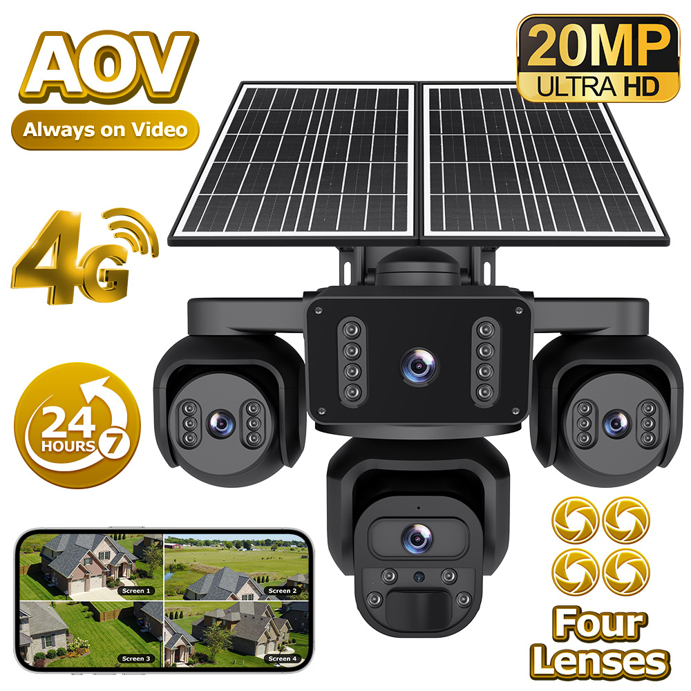 AOV Solar-Powered Surveillance Camera, HD Four-Lens Design, Outdoor 24-Hour Real-Time Monitoring
