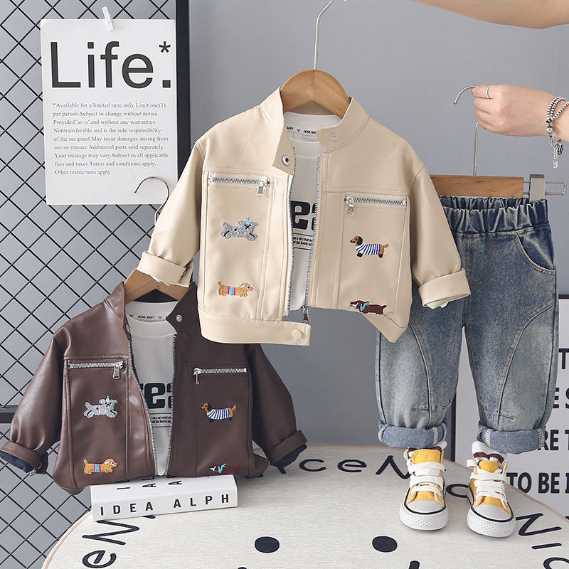 Boys’ Spring Outfit Set, Western‑Style 2026 New Arrival, Infant & Kids’ Spring/Autumn Korean‑Style Leather Jacket, Long‑Sleeve Three‑Piece Trendy Dropshipping Set