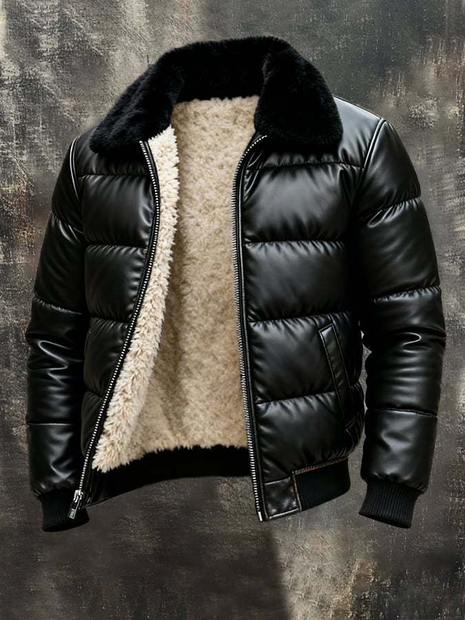 Cross-border PU Leather Jacket for Men, Velvet-lined and Thickened Cotton Coat with Lamb Wool Lapel, Motorcycle Leather Jacket, Men’s Outerwear Wholesale