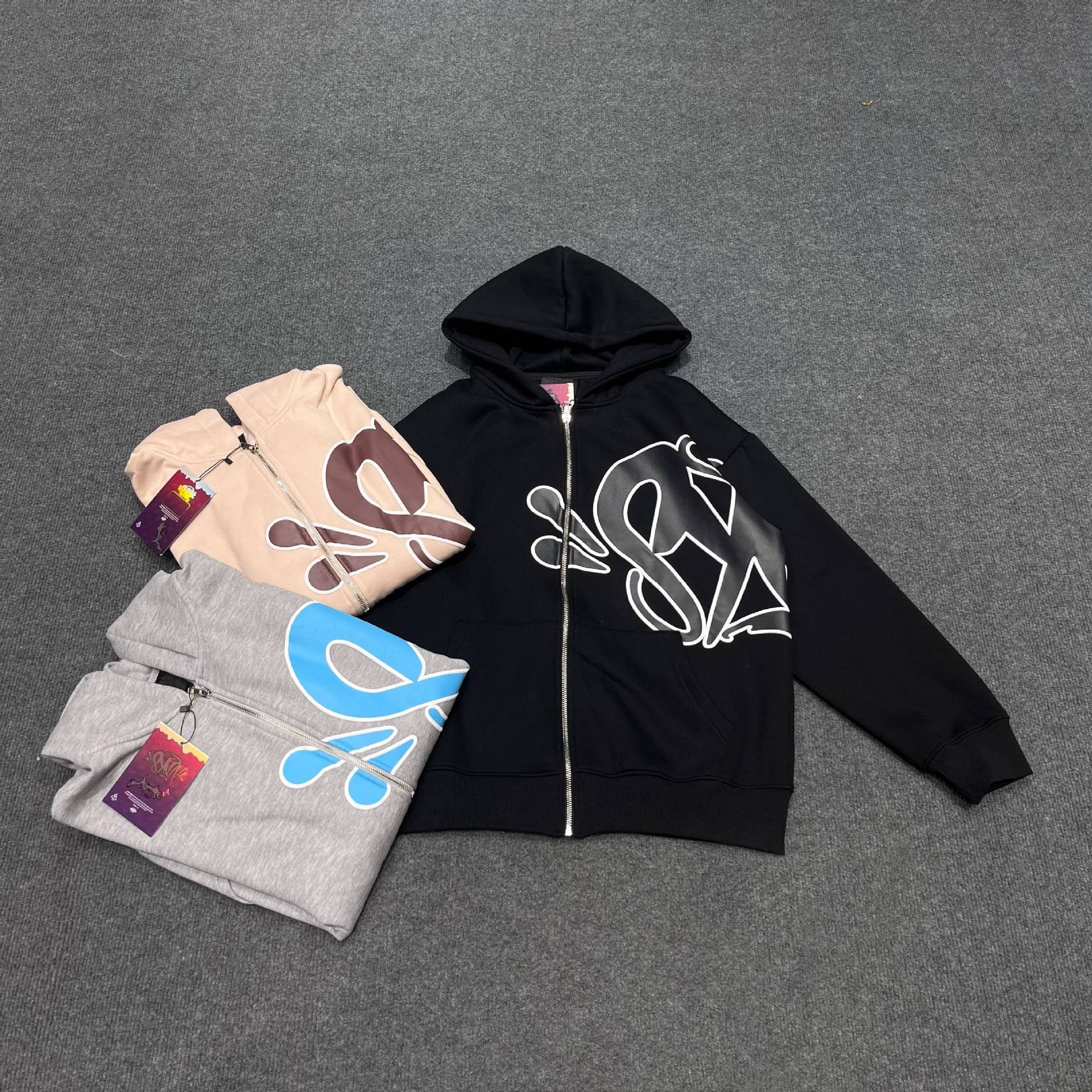 American-style Syna World letter-printed high-street loose-fit cardigan with fleece lining, hooded sweatshirt—unisex casual outerwear