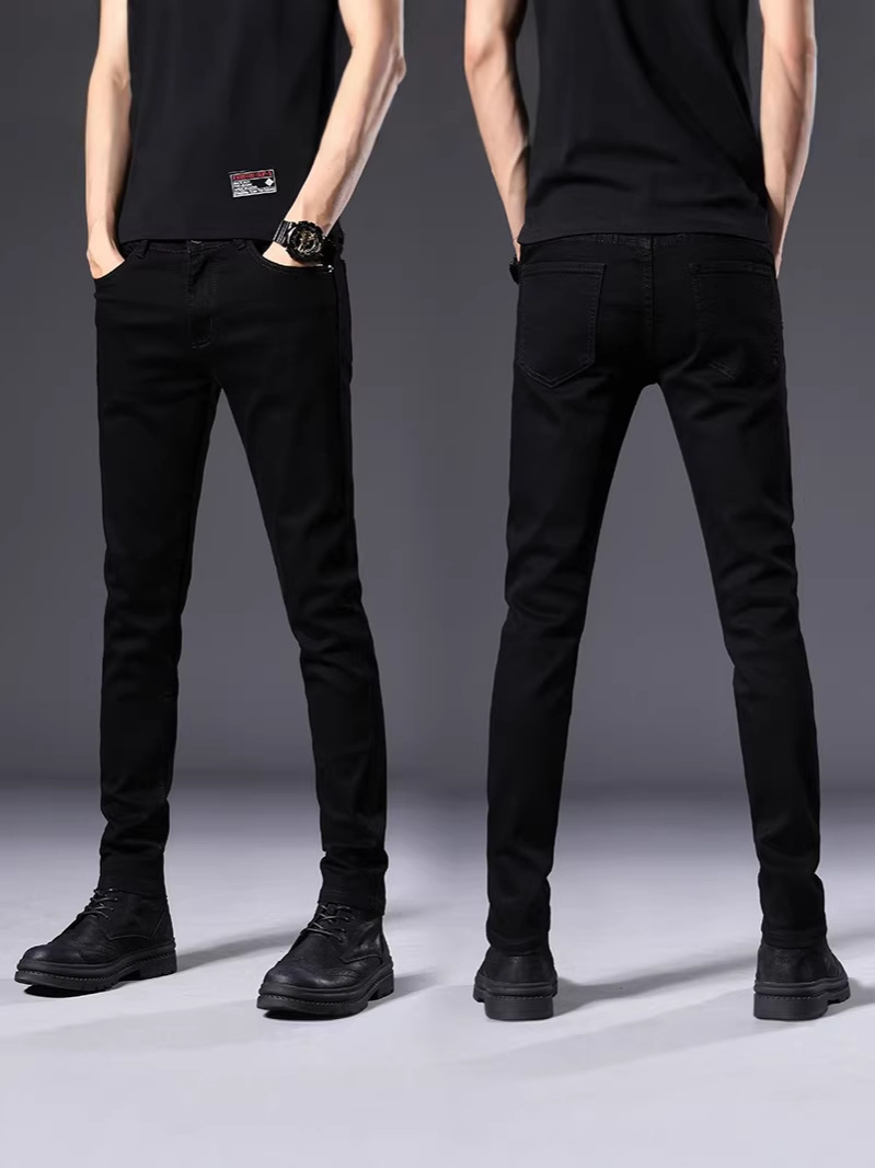 Cross-Border Pure Black Jeans for Men, Spring Thin-Style, Slimming, Stretchy, Slim-Fit, Skinny Tapered Pants, Versatile New Arrival Men’s Trousers