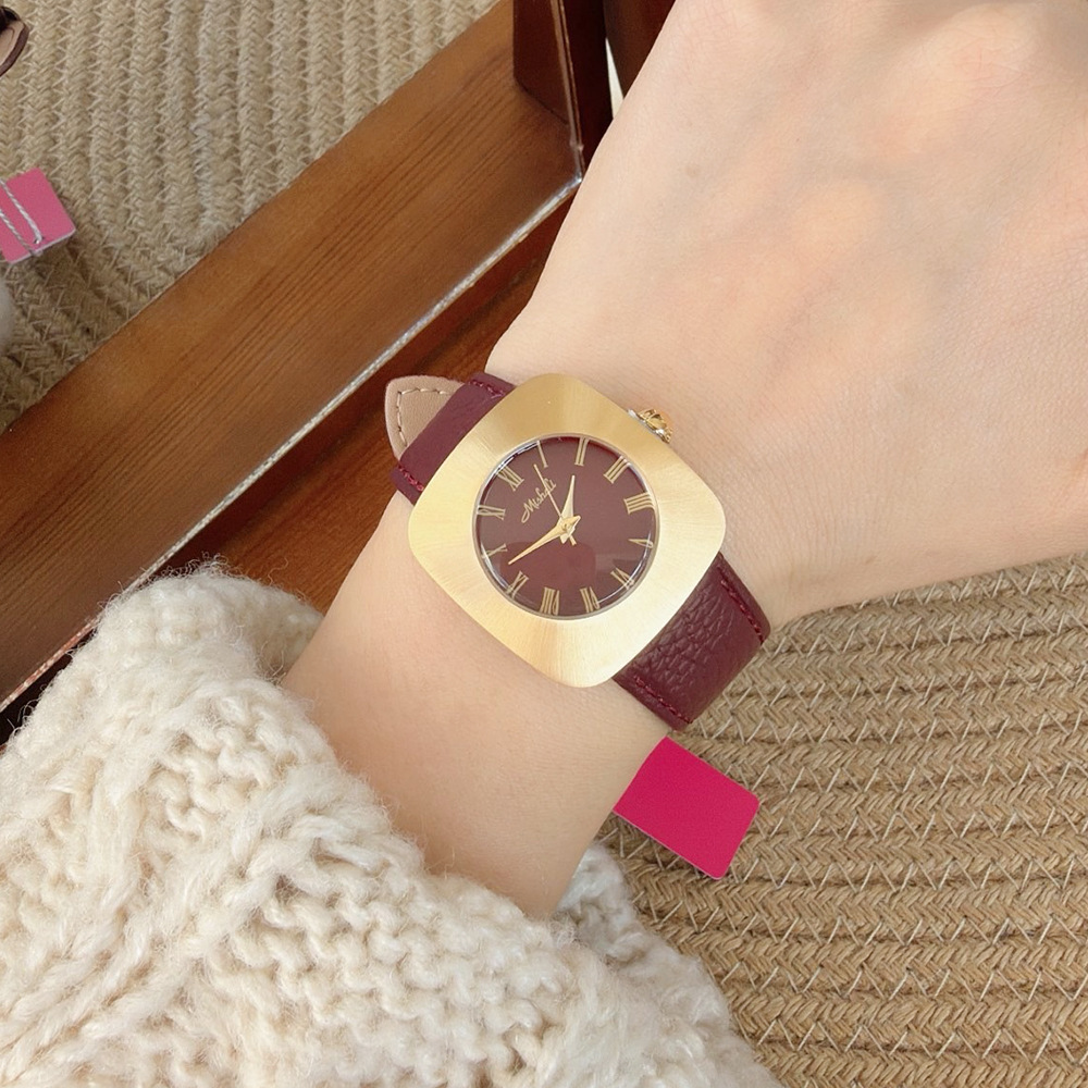 Mishali square steel-case watch for women, fashionable with a large dial, Roman numerals, and a high-end genuine leather strap