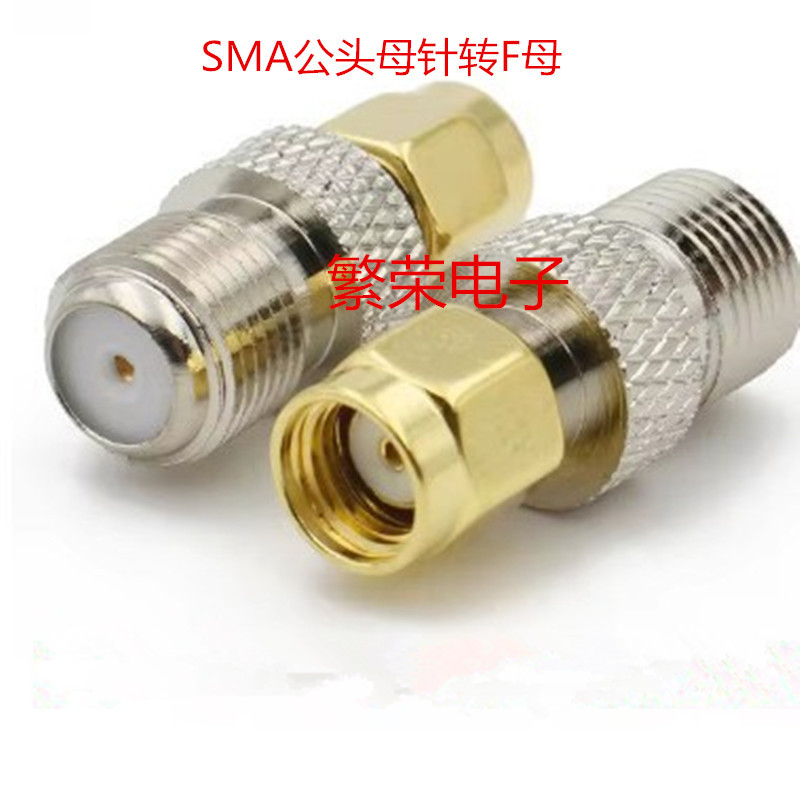 SMA male to female adapter, converting to imperial F-type female connector with reverse polarity; SMAJ to FK adapter; SMA female with internal thread and internal hole, converting to F-type female.