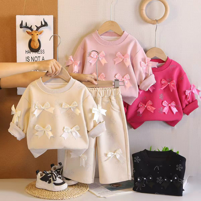 Girls' spring suits 2026 new style airy baby girl children's spring and autumn time butterfly tie long sleeves two sets