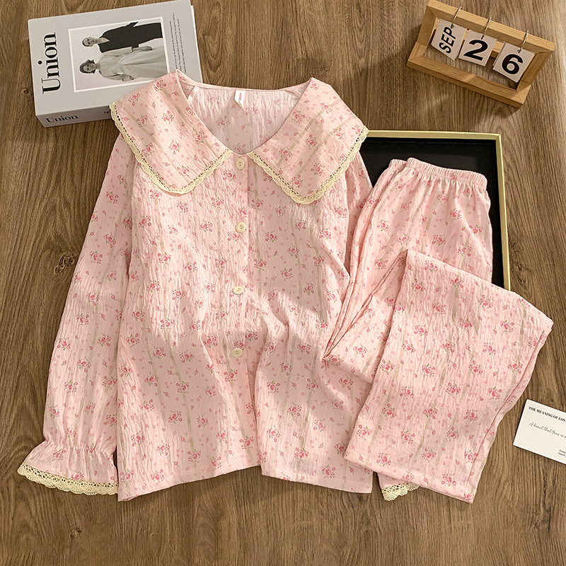 2804# Cloud Cotton Pajamas for Women, Spring/Autumn Long-Sleeve with Doll Collar and Lace Trim, Cardigan Home Wear Set, Sizes M–XXL