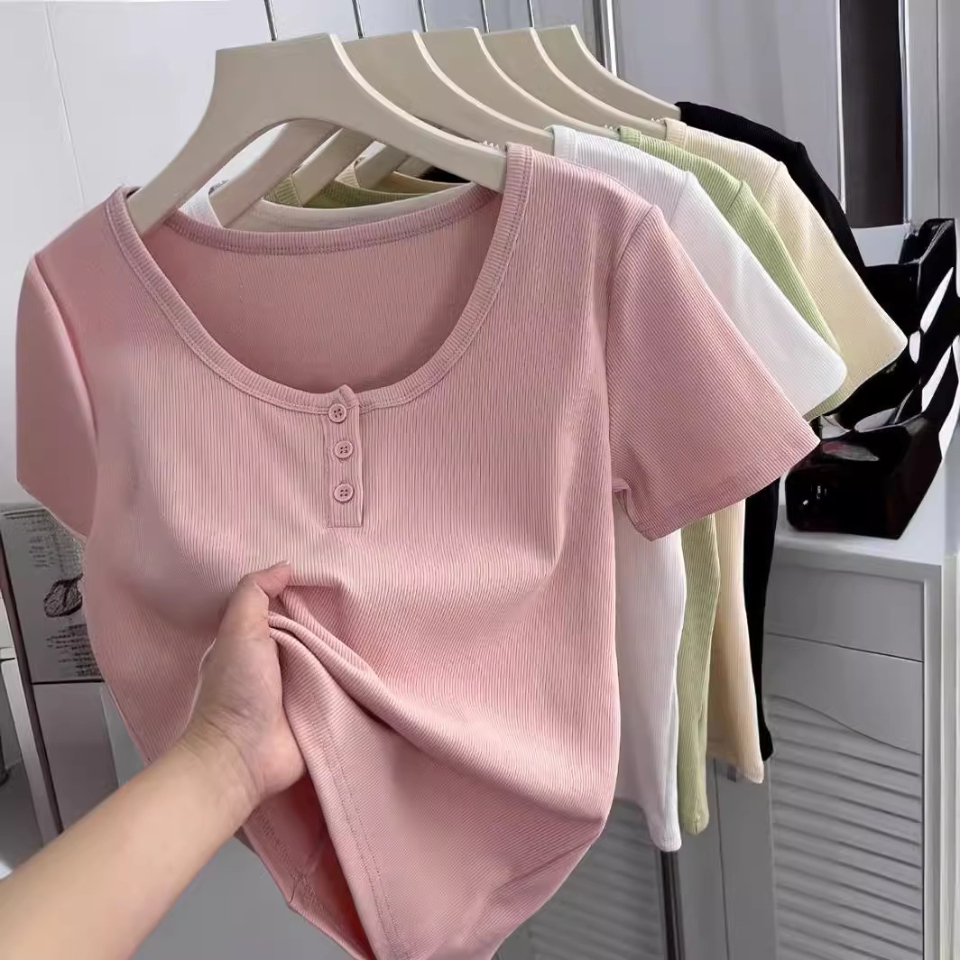 U-Neck Off-Shoulder Slim-Fit Short-Sleeve T-Shirt for Women, Summer Style with Button Details, Short Length, Petite Fit, Sexy Ribbed Cotton Top