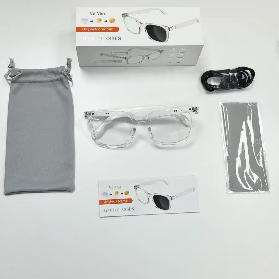 V6 Max smart glasses: Bluetooth calling, color‑changing lenses, AI voice assistant, music control, ideal for outdoor activities.