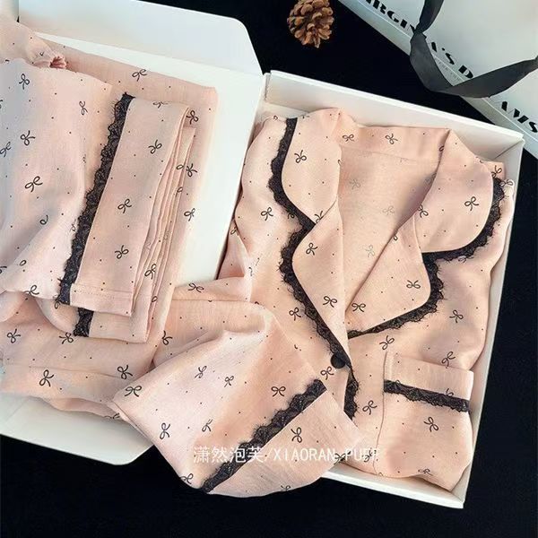 Korean-Style Fashionable Minimalist Bow-Knot Pajamas for Women – Spring/Autumn Lace Trim Double Long-Sleeve Set, Suitable for Outdoor Wear