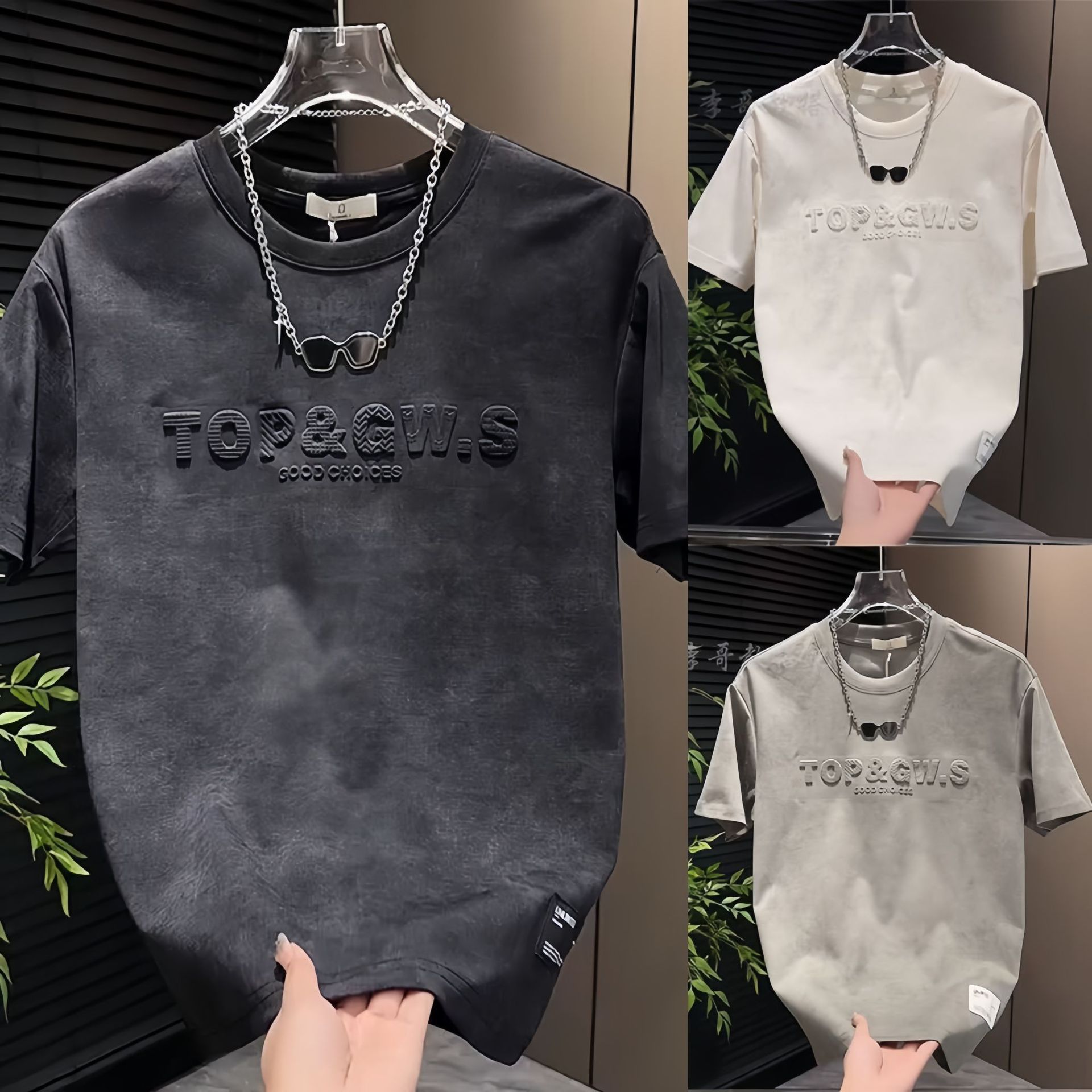 ins new men's tempered short sleeves trendy casual lettering half sleeves fashion dyed round collar oversized steel printed T-shirt