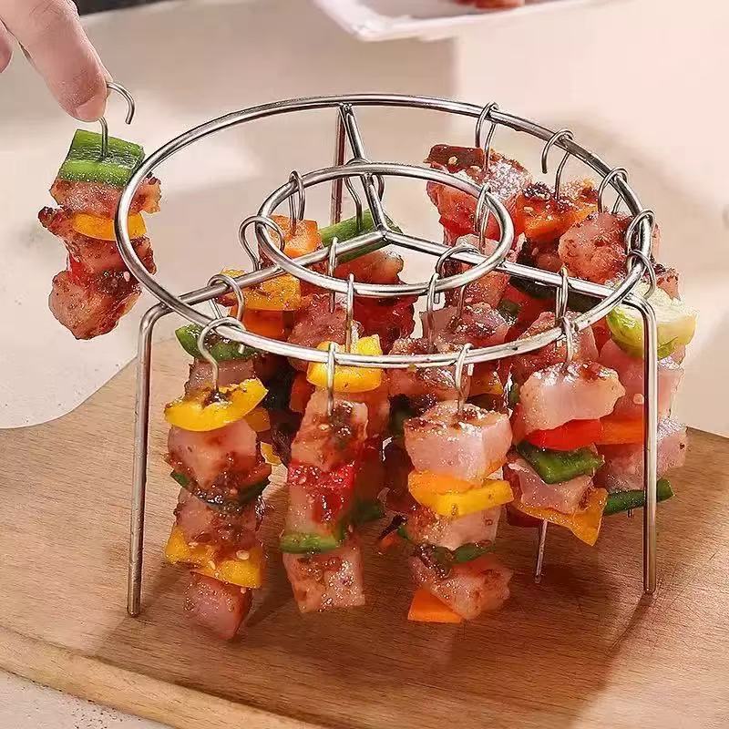Air Fryer Barbecue Grill Set, Food-Grade Stainless Steel Round Grill Rack, Meat Roasting Rack with Hanging Skewer Holder