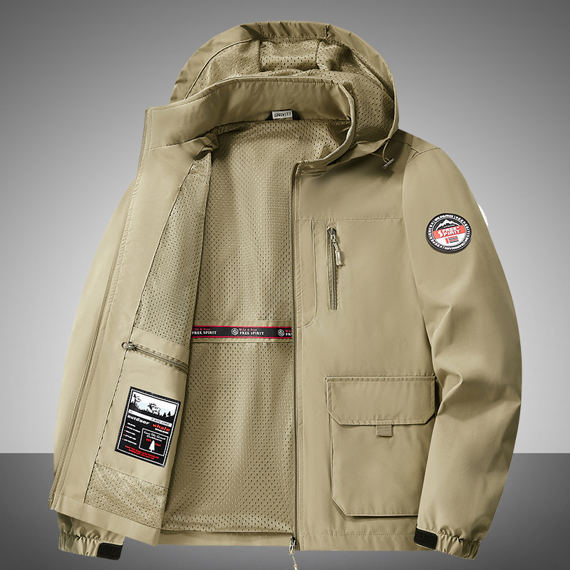 Spring/autumn new jacket—men’s outdoor bomber jacket, trendy hooded design, casual style for middle-aged men, sporty, windproof, with multiple pockets for workwear.