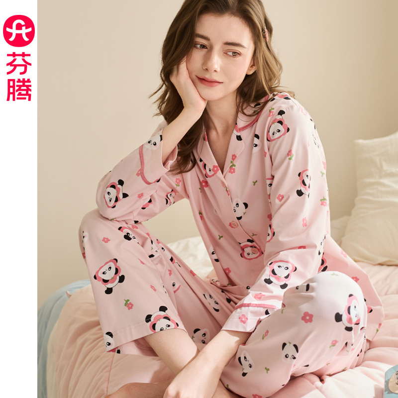 Fenteng pajamas, new spring/autumn cotton cardigan long‑sleeve set for women; adorable panda‑print casual loose‑fit loungewear.