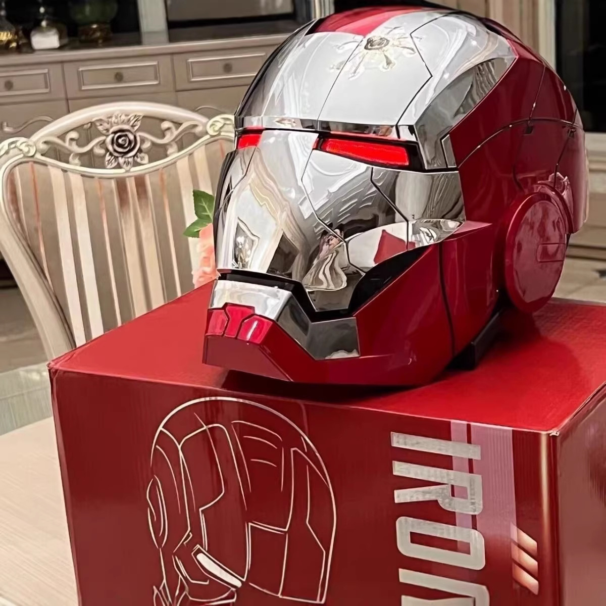 The Iron Man helmet is a 1:1 collectible MK5 helmet with intelligent voice control, three-in-one technology, and lighting.