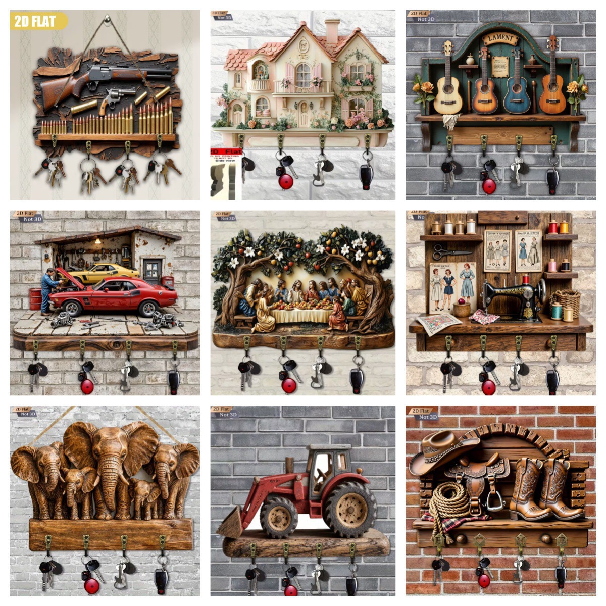 Cross-border hot‑selling ready‑stock colorful wooden cottage key rack, flat‑shape living room decorative hanger, wooden art piece