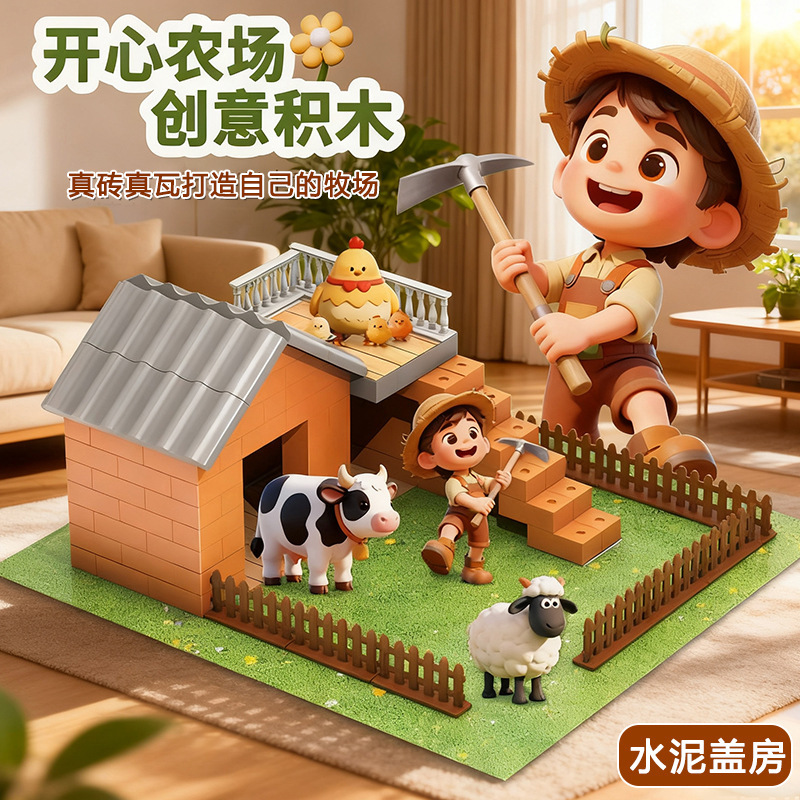 Children bricklayer architect handmade DIY cover house brick wall toys boys brick head cabin mini concrete
