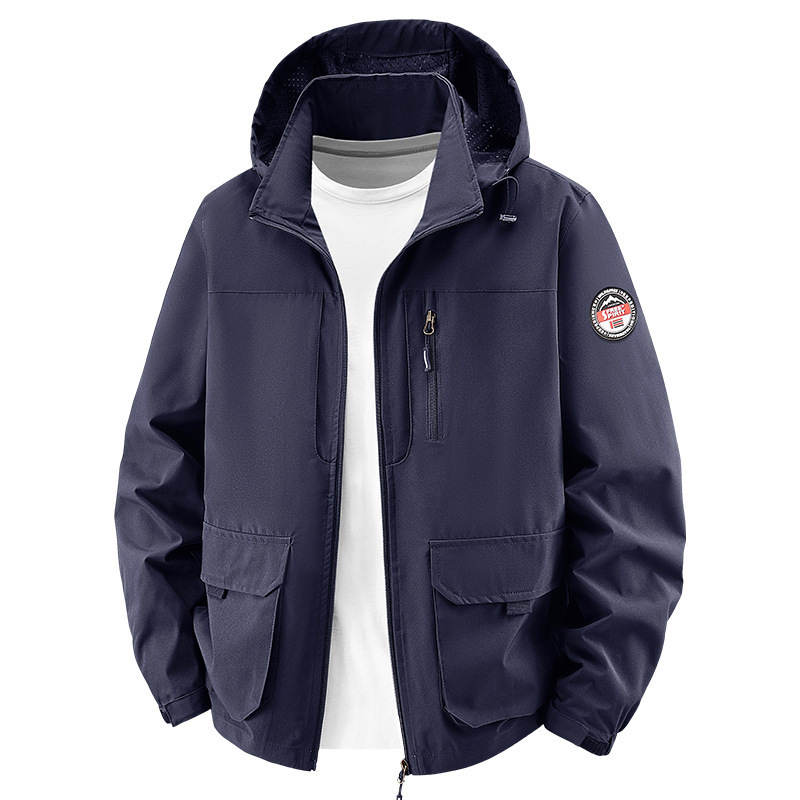 Cross-border spring/autumn new detachable-hood casual men’s jacket—windproof, waterproof, outdoor tactical wear for men.