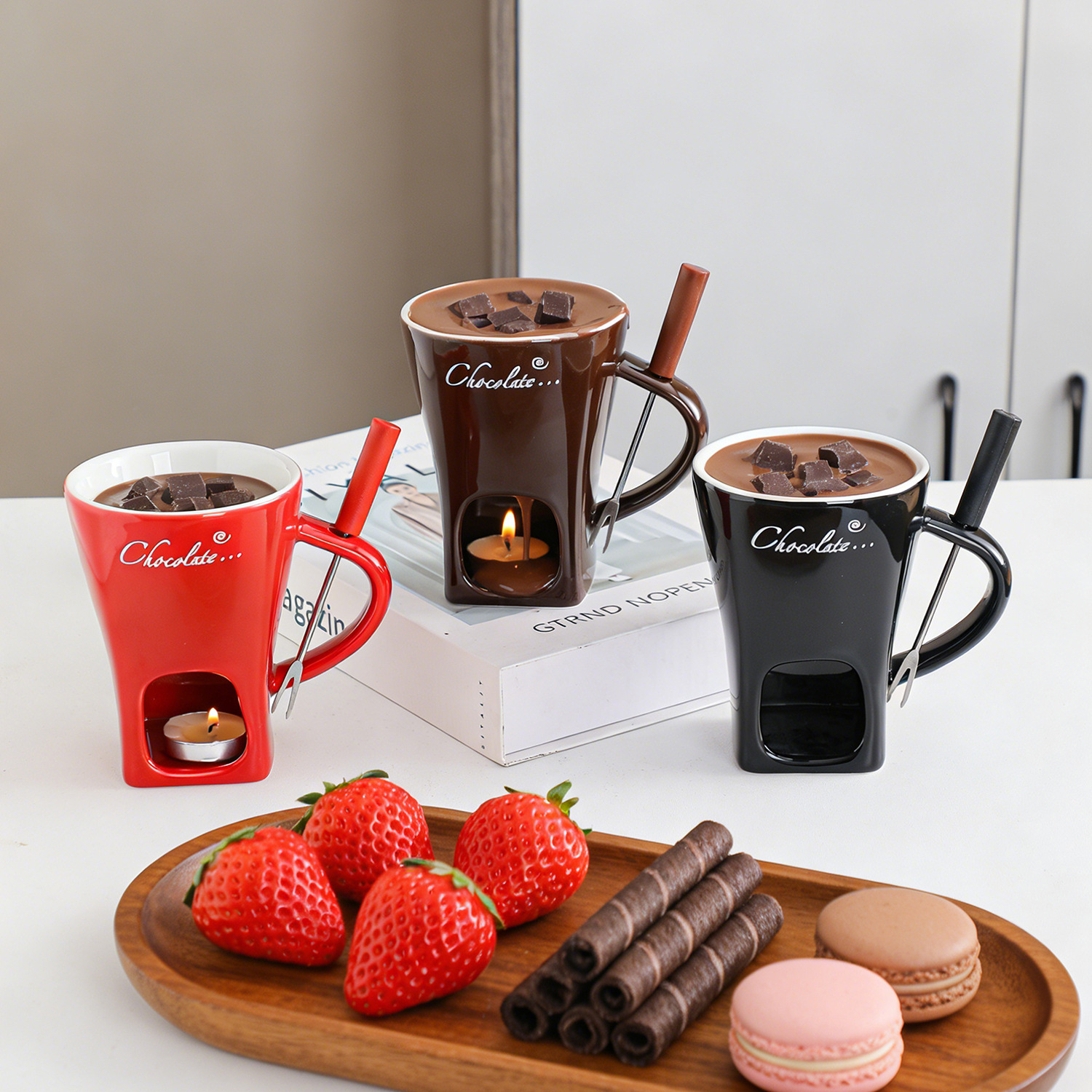 Cross-border ceramic torch cup chocolate heated cheese ice cream melting cup stove Swiss afternoon tea forks