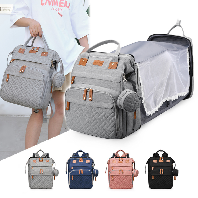 Mommy bag with mosquito net, foldable crib cover, portable large-capacity backpack for moms and babies, with bottle warmer and clip-on pouch