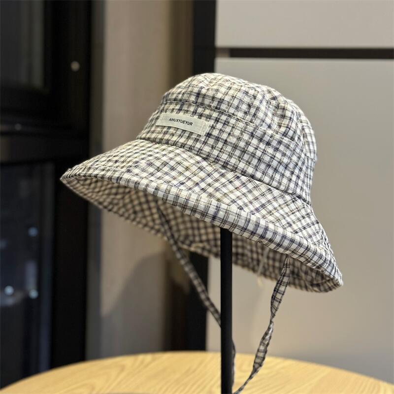 Korean‑style new plaid bucket hat for women, summer sun‑protective cap, large head circumference, face‑slimming, versatile straw hat