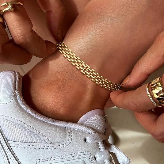 Euro-American 14K gold plated double-layered Cuban chain ankle chain hip-hop personality beach party wide-faced chain ankle accessories