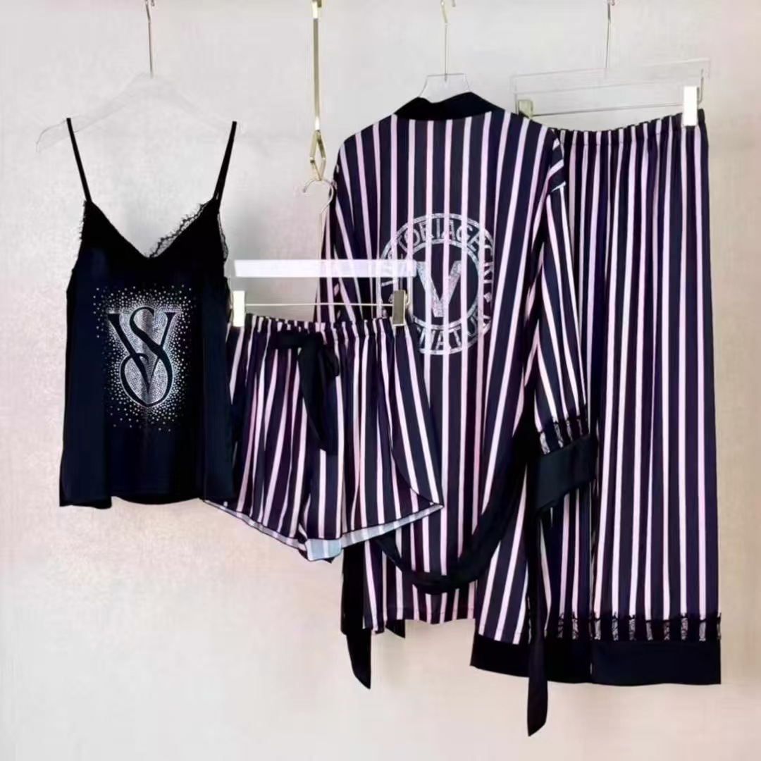 Four-piece set with chest pads, European/American style sexy pajamas for women—lace back beauty camisole nightdress, two-piece ice-silk nightgown with rhinestone embellishments