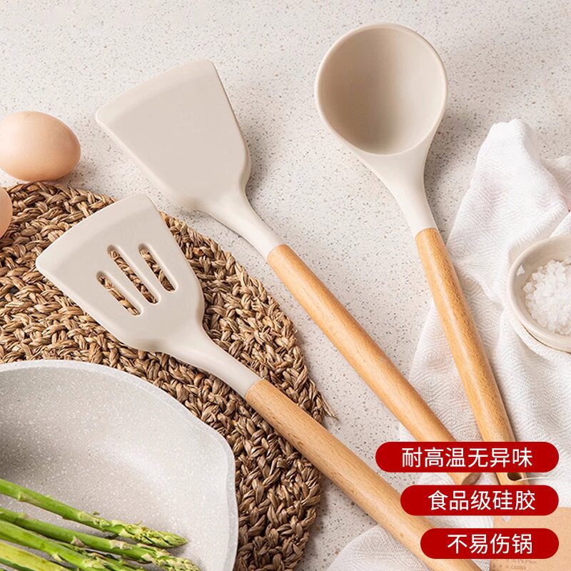 High-Temperature Resistant Silicone Kitchenware with Wooden Handles: Silicone Spatula and Spoon Three-Piece Set, Non-Stick Pan Spatula Set