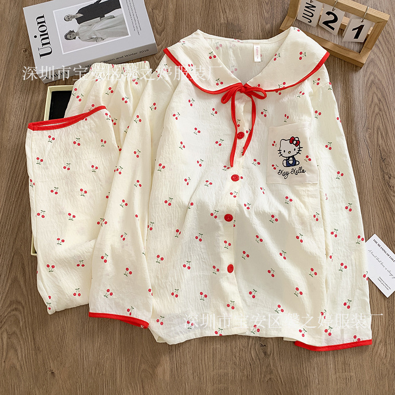 New cloud‑cotton, turn‑down collar, doll‑style long‑sleeve pajamas—cute cartoon‑inspired, sweet home‑wear set for girls, perfect for spring and autumn.
