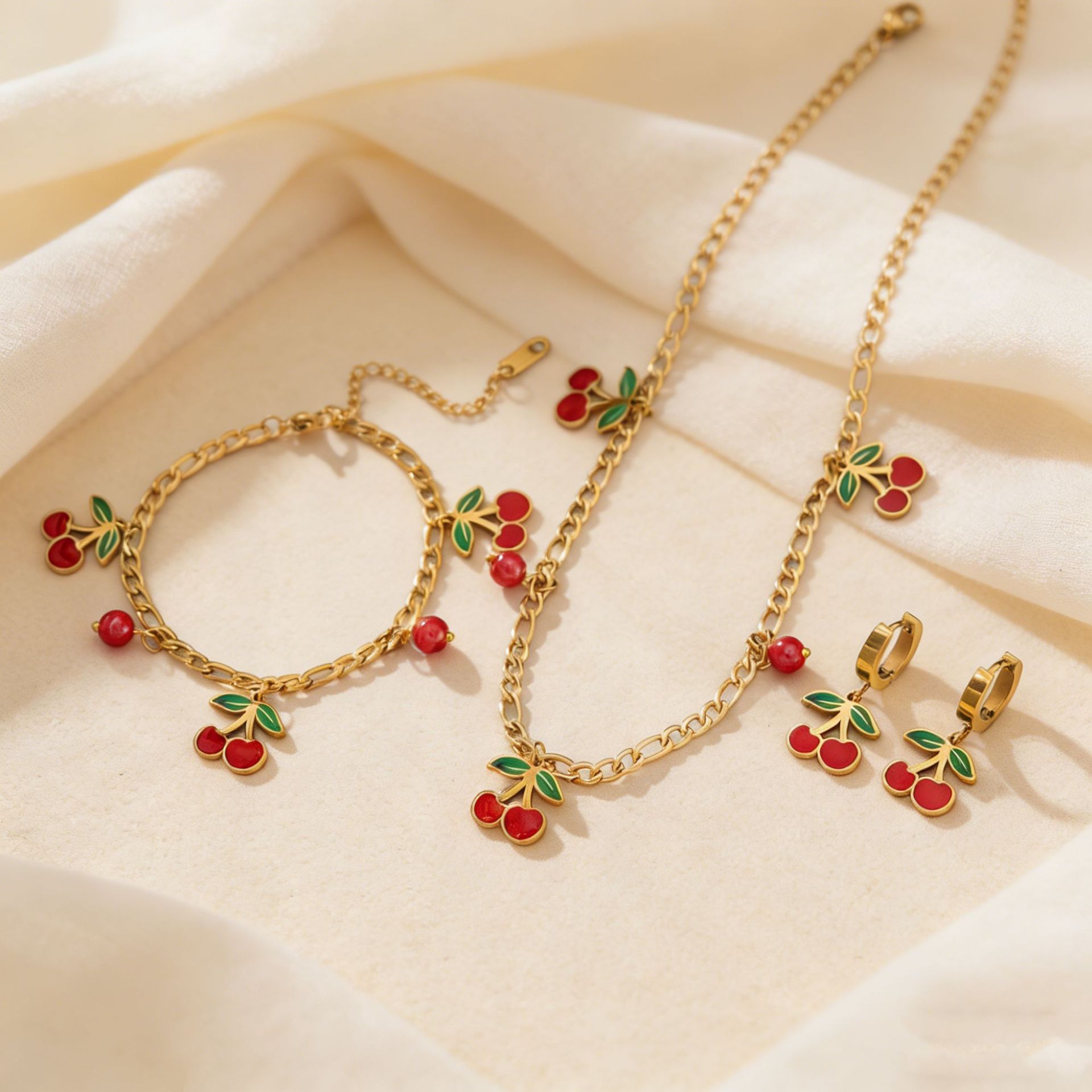 European and American Cross-Border Fashion: Glazed Small Cherry Stainless Steel Necklace, Sweet Instagram-Style High-End Clavicle Chain Set for Women