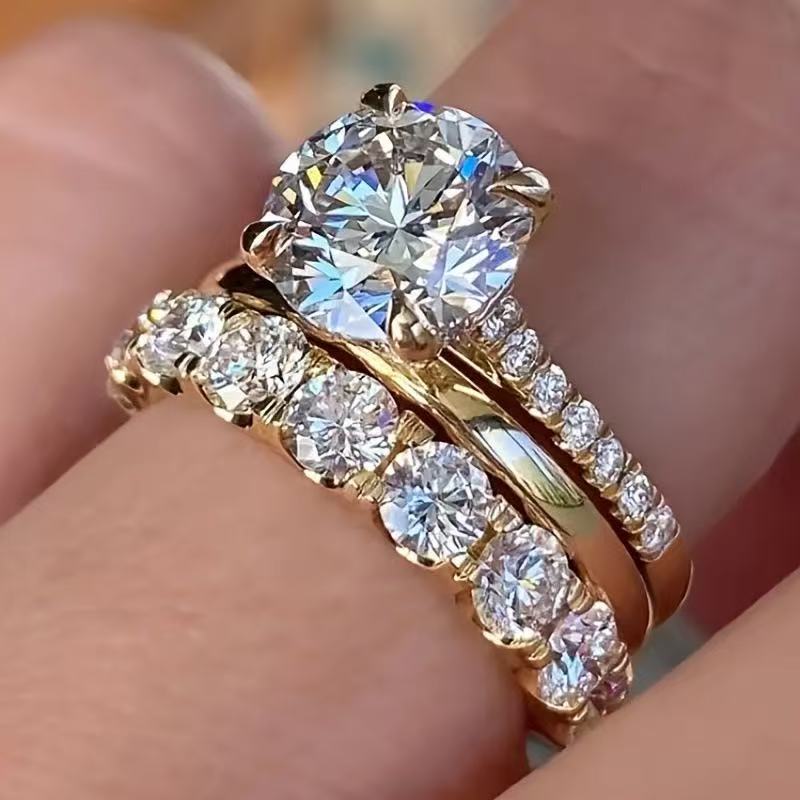 Amazon Cross-Border Fashion: Three-Piece Zircon Ring Set, European and American Luxury Style, Perfect for Anniversary Celebrations, Featuring Four-Claw Setting—Women’s Ring