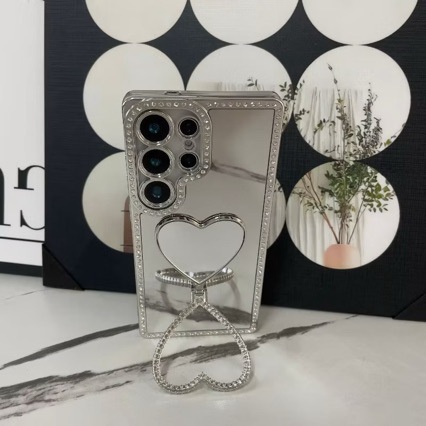 Heart-shaped mirror stand compatible with Apple iPhone 17 Pro Max case, iPhone 16 rhinestone‑decorated, super popular for iPhone 15 and 14/S26u