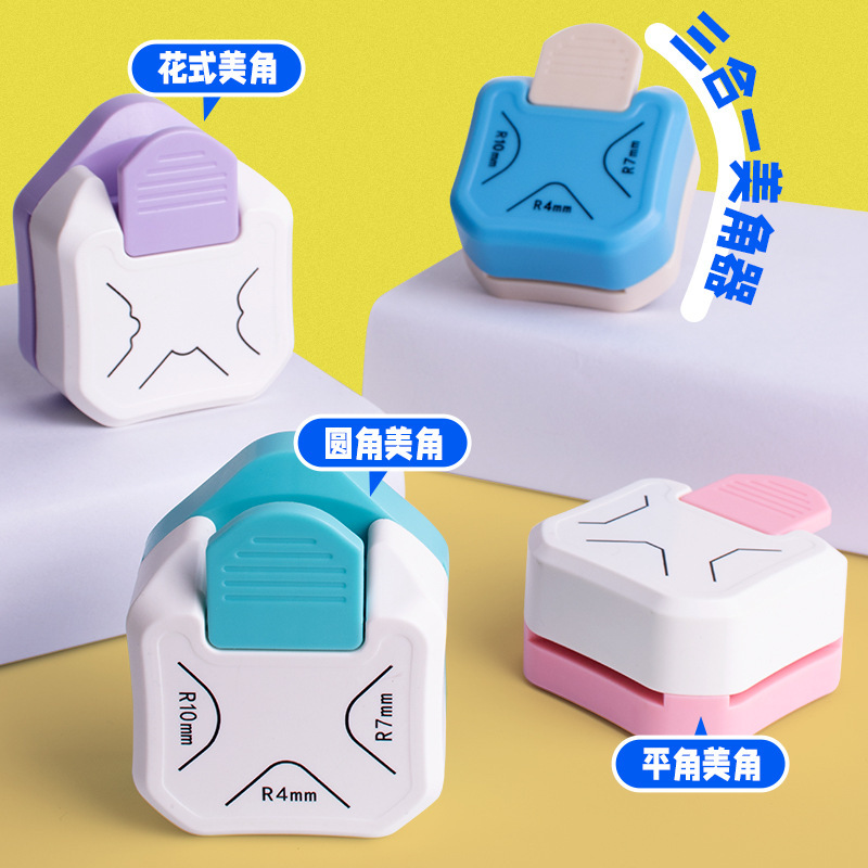 Three‑in‑one rounded‑corner cutter, compact corner‑cutting tool, journal‑decorating corner‑trimming and chamfering device, flexible arc‑shaped photo DIY greeting card cutter.