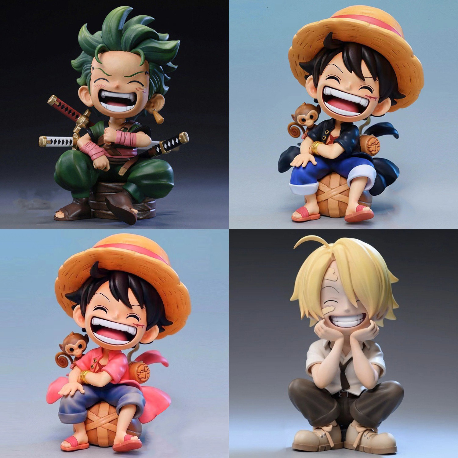 Wholesale: One Piece Q‑style seated figures of Luffy, Zoro, and Sanji—trendy collectible figurines and car ornaments.