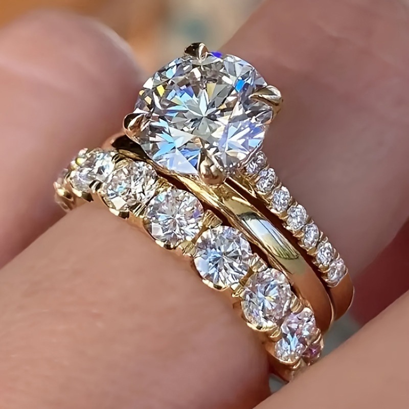 European and American-style elegant three-piece ring set—featuring inlaid zircons, graceful diamond rings, perfect for wedding or party occasions