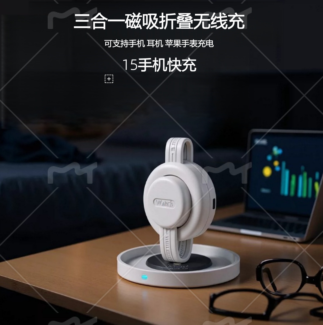 Mini three-in-one multifunctional foldable wireless charger compatible with smartphones, smartwatches, and earphones; magnetic charging device