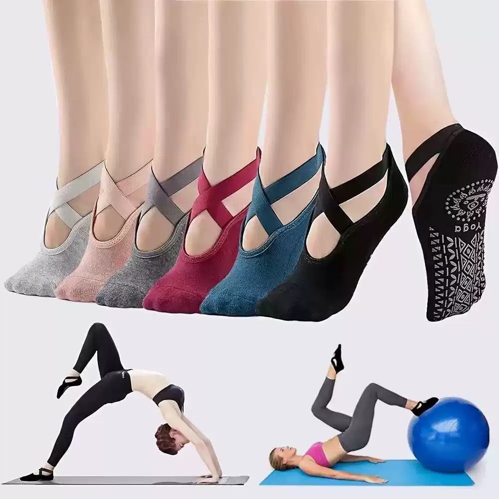 Cross-border new style yoga socks: crisscross‑strap, thickened terry loops, non-slip, gel‑dot design—breathable, suitable for dance and Pilates.