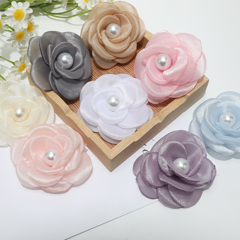 Pearl flower corsage DIY headpiece hair clip accessory, baked-edge tulle flower semi-finished product, three-dimensional fabric art artificial camellia