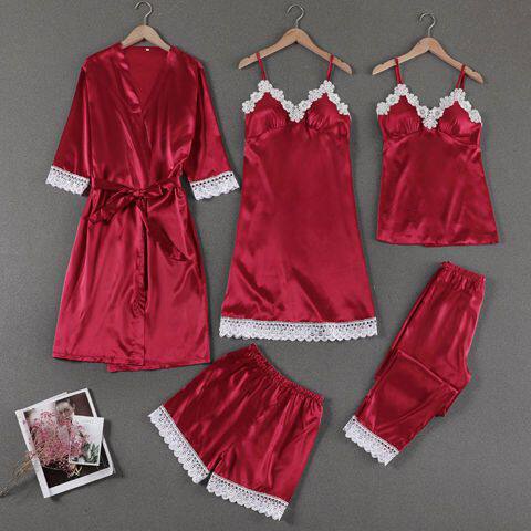 Cross-border women’s summer five-piece set: ice-silk robe, sexy strapless nightgown, and long-sleeve silk pajamas for spring and autumn.