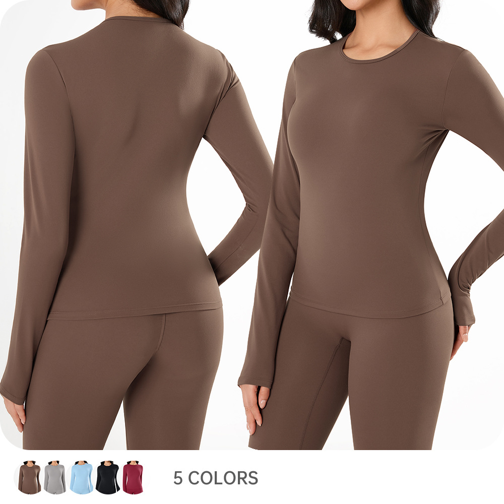 Round-Neck Long-Sleeve Yoga Wear—Short, Slim-Fit, Figure-Flattering Running and Exercise Top; Pilates Fitness T-Shirt for Women, Model YG-1020