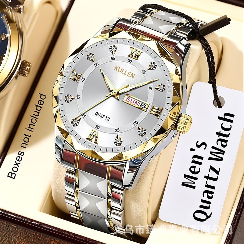 Cross-border business men's quartz watches, diamond double calendar gold band watches, foreign trade best selling men's watches