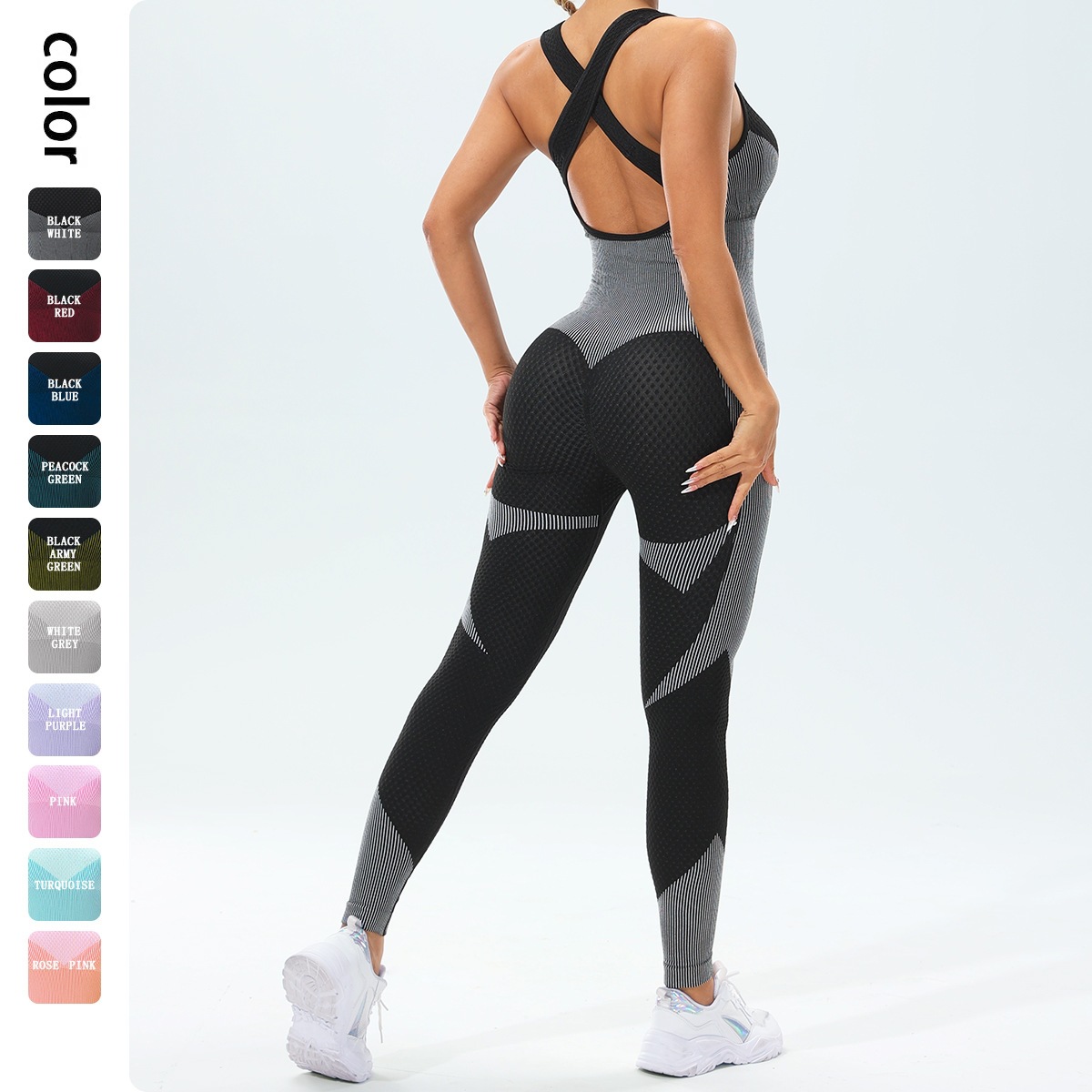 New European and American seamless knitted yoga pants—cross‑style sexy backless design, running and sports fitness yoga jumpsuit for women