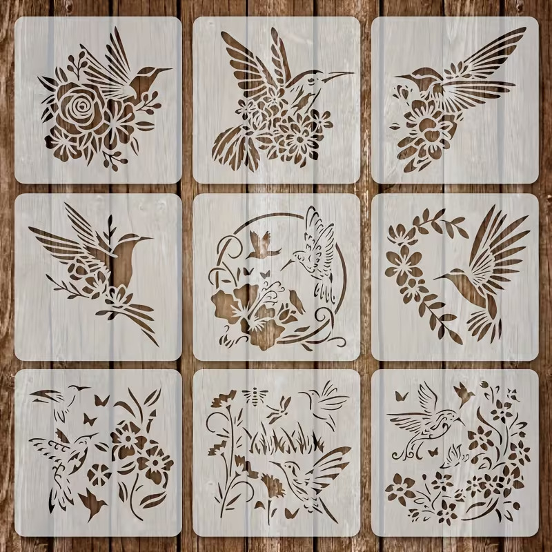 9 15x15cm hummingbird and flower stencils—featuring designs of flying birds, roses, and butterflies