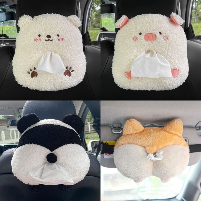 Car-mounted cartoon plush tissue box—creative, adorable pet-themed hanging style for the armrest box, back-of-seat paper dispenser, and tissue cover