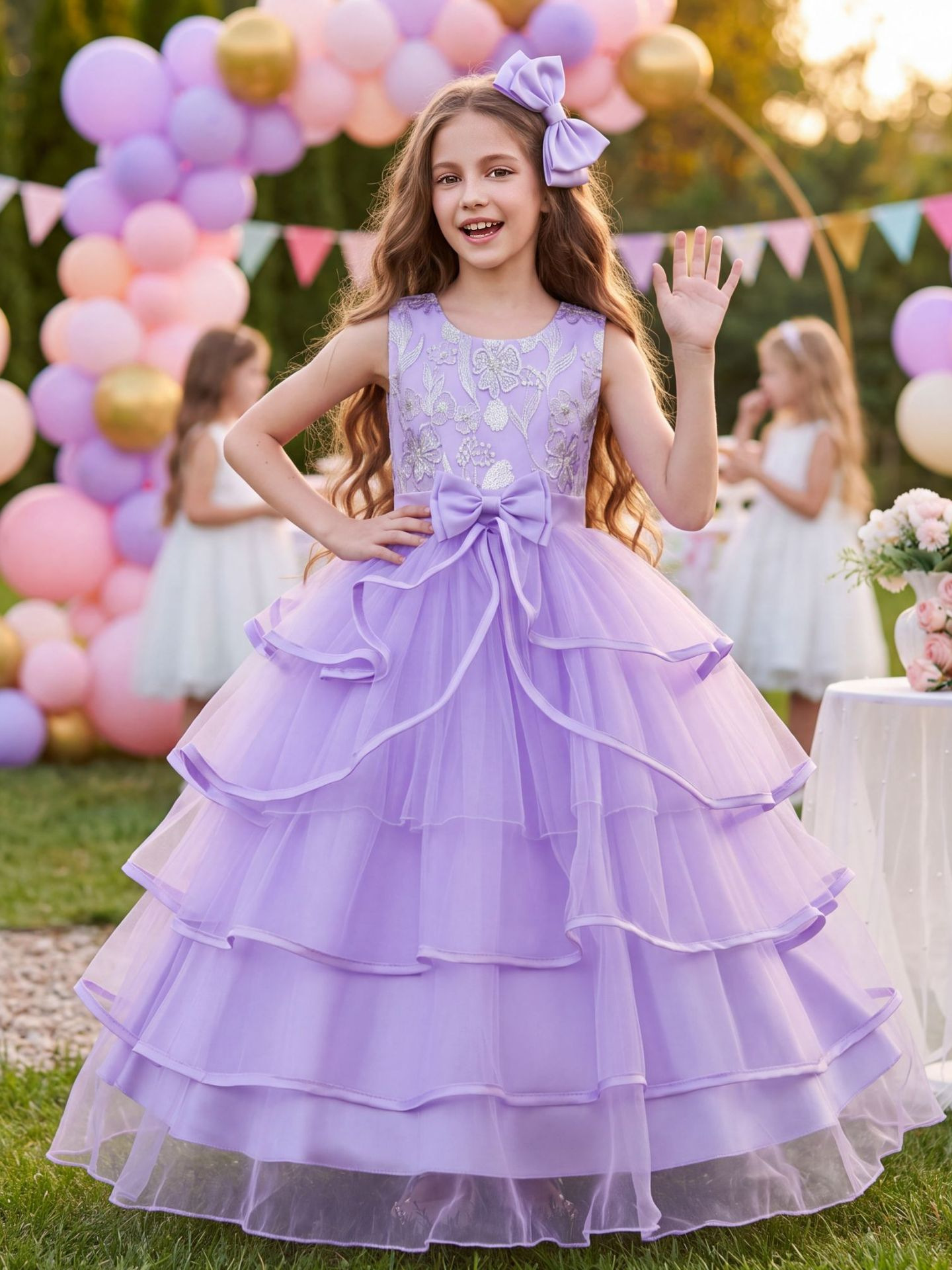 Cross-border best-selling girls’ formal dress with embroidery, lace, bow, and puffy skirt—perfect for flower girl occasions, holidays, birthdays, or performances; a princess-style long gown.