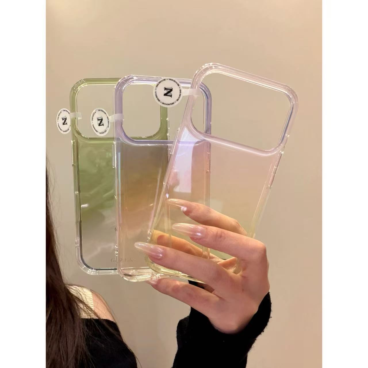 Niche, simple, fresh gradient color‑block design—suitable for iPhone 17 Pro Max, iPhone 16, and iPhone 15; transparent case for iPhone 14, with a minimalist aesthetic.