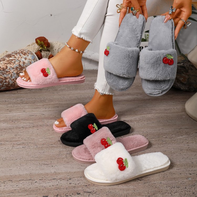 2026 New Korean-Style Slippers for Women, Summer Outdoor Flip-Flops, Comfortable Flat-Soled Cherry-Embroidered Fuzzy Slippers