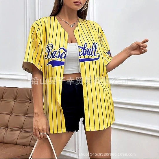 Y2K preppy style women’s baseball jacket, striped digital print, loose-fit short-sleeve cardigan, American street-style baseball jacket