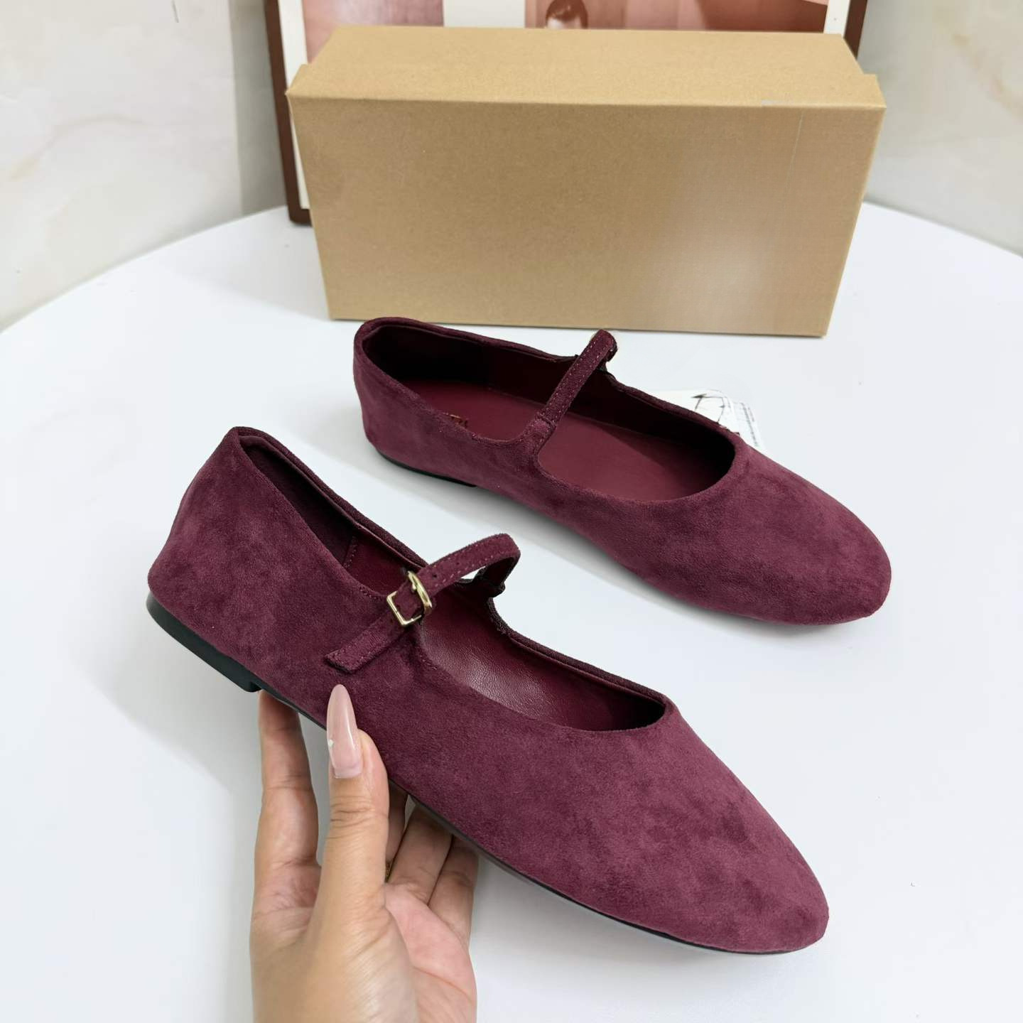 ZA2026 Summer New Arrival Brown Suede Round-Toe Ballet Flats with Buckle Strap, Mary Jane Flat Mules for Women