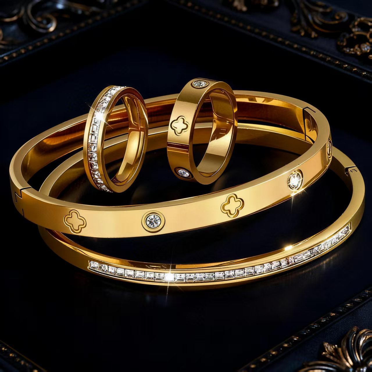 Cross-Border Best-Selling 4-Piece Set: Light Luxury Stainless Steel Diamond-Inlaid Bracelet and Ring Set for Women, European and American Style with a High-End Feel
