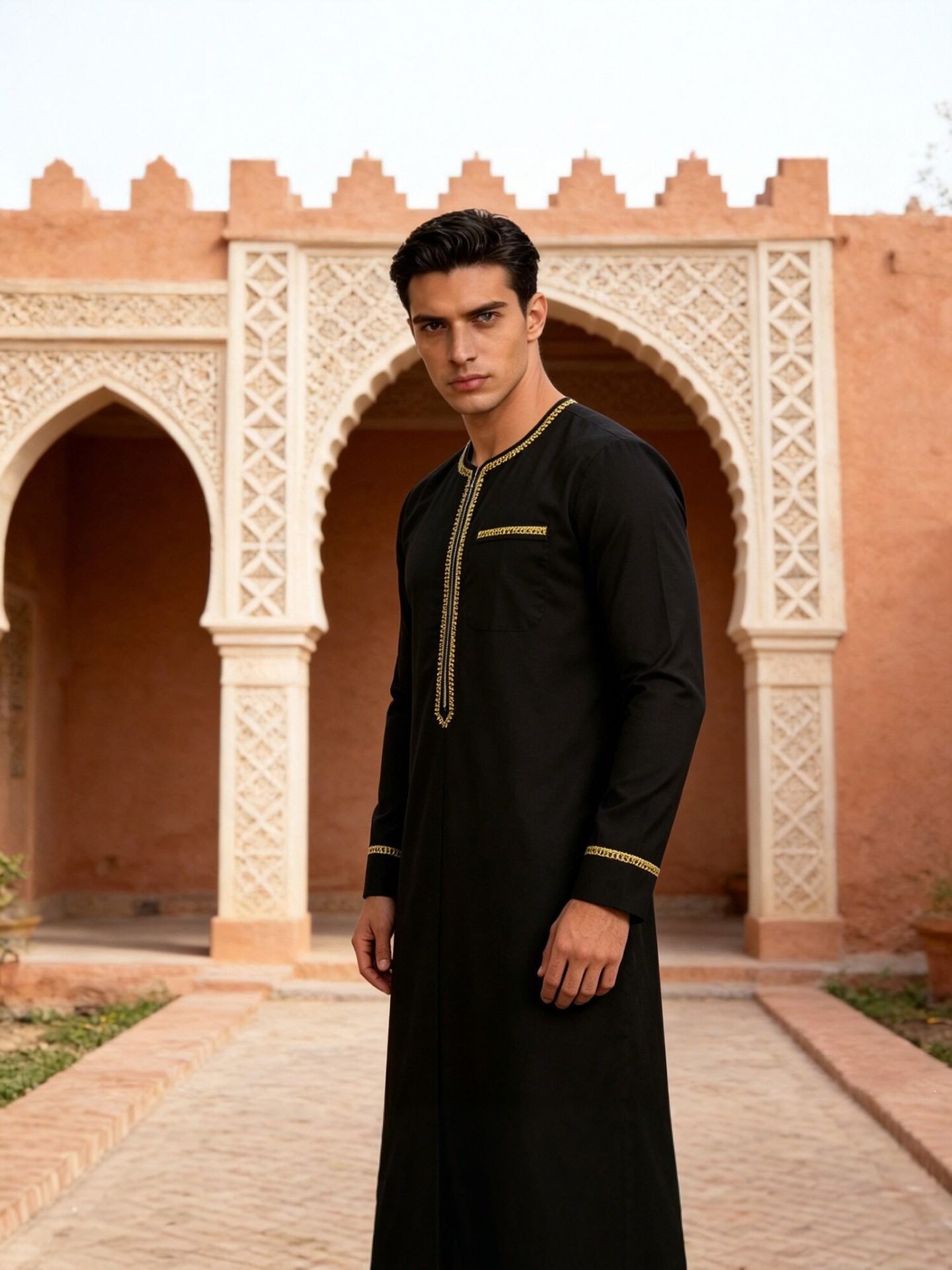 Cross-border men’s black long coat with gold thread embroidery, round neck and zipper—vintage fashion men’s wear
